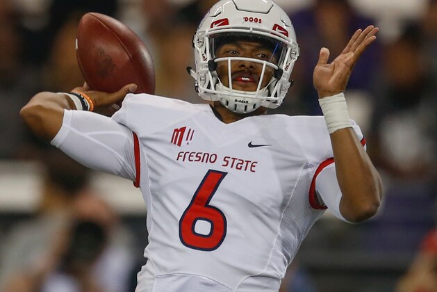 SEATTLE, WA - SEPTEMBER 16:  Quarterback Marcus McMaryion #6 of the Fresno State Bulldogs passes against the Washington Huskies at Husky Stadium on September 16, 2017 in Seattle, Washington.  (Photo by Otto Greule Jr/Getty Images)