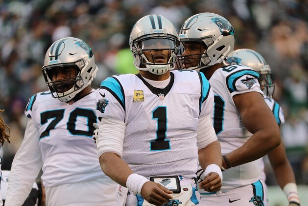 EAST RUTHERFORD, NJ - NOVEMBER 26:  Quarterback Cam Newton #1 of the Carolina Panthers during the third quarter of the game at MetLife Stadium on November 26, 2017 in East Rutherford, New Jersey.  (Photo by Abbie Parr/Getty Images)