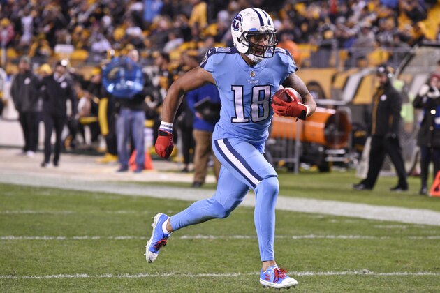 Tennessee Titans wide receiver Rishard Matthews (18) runs to the end zone to score on a pass play in an NFL football game against the Pittsburgh Steelers in Pittsburgh, Thursday, Nov. 16, 2017, in Pittsburgh. (AP Photo/Don Wright)