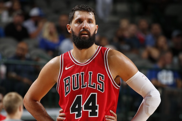 DALLAS, TX - OCTOBER 4:  Nikola Mirotic #44 of the Chicago Bulls looks on during the game against the Dallas Mavericks on October 4, 2017 at the American Airlines Center in Dallas, Texas. NOTE TO USER: User expressly acknowledges and agrees that, by downloading and or using this photograph, User is consenting to the terms and conditions of the Getty Images License Agreement. Mandatory Copyright Notice: Copyright 2017 NBAE (Photo by Glenn James/NBAE via Getty Images)