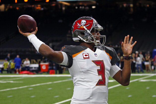 Tampa Bay Buccaneers quarterback Jameis Winston (3) warms up before an NFL football game against the New Orleans Saints in New Orleans, Sunday, Nov. 5, 2017. (AP Photo/Butch Dill)