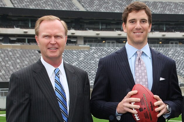 EAST RUTHERFORD, NJ - MAY 12:  (L-R) New York Giants President & CEO John Mara, New York Giants quarterback Eli Manning, and New York Giants Chairman/ Executive Vice President Steve Tisch attend the New York Giants and Jets send-off ceremony for the 2014 Super Bowl Bid at New Meadowlands Stadium on May 12, 2010 in East Rutherford, New Jersey.  (Photo by Mike Coppola/Getty Images)