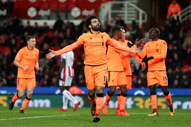 STOKE ON TRENT, ENGLAND - NOVEMBER 29: Mohamed Salah of Liverpool celebrates after scoring a goal to make it 0-2 during the Premier League match between Stoke City and Liverpool at Bet365 Stadium on November 29, 2017 in Stoke on Trent, England. (Photo by James Baylis - AMA/Getty Images)
