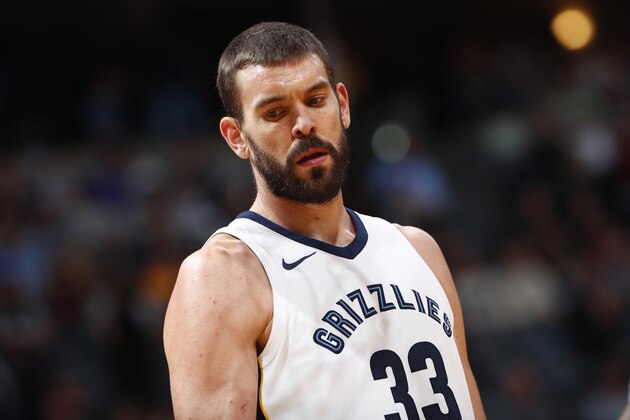 Memphis Grizzlies center Marc Gasol (33) in the second half of an NBA basketball game Friday, Nov. 24, 2017, in Denver. The Nuggets won 104-92. (AP Photo/David Zalubowski)