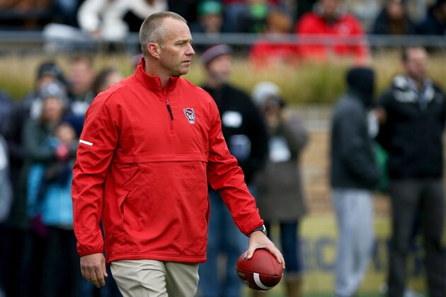 SOUTH BEND, IN - OCTOBER 28:  Head coach Dave Doeren of the North Carolina State Wolfpack looks on before the game against the Notre Dame Fighting Irish at Notre Dame Stadium on October 28, 2017 in South Bend, Indiana. (Photo by Dylan Buell/Getty Images)