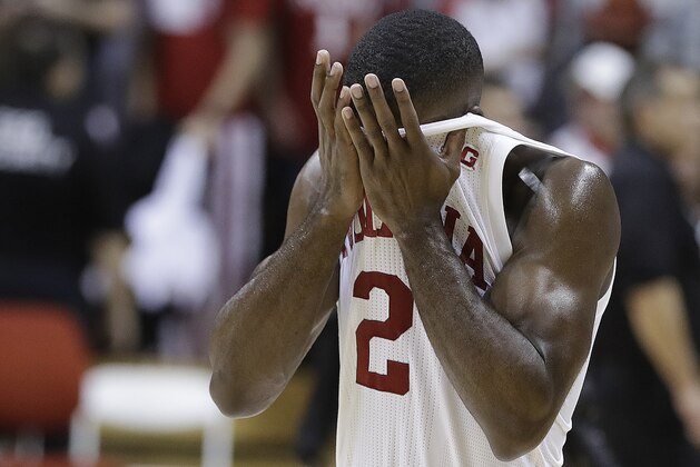 Indiana's Josh Newkirk wipes his face following an NCAA college basketball game against Duke, Thursday, Nov. 30, 2017, in Bloomington, Ind. Duke won 91-81. (AP Photo/Darron Cummings)