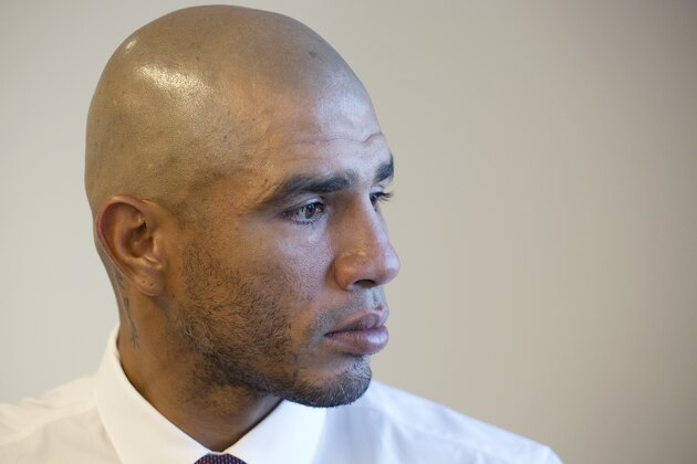 Boxer Miguel Cotto poses for a portrait, Tuesday, Oct. 17, 2017, in New York. Cotto faces Sadam Ali in a junior middleweight bout on Dec. 2 at Madison Square Garden. (AP Photo/Mark Lennihan)