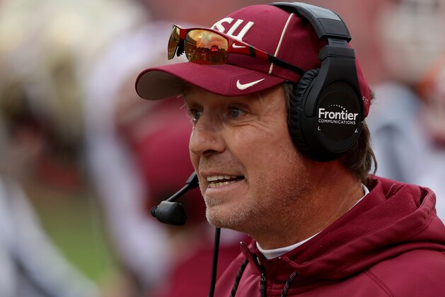 CLEMSON, SC - NOVEMBER 11:  Head coach Jimbo Fisher of the Florida State Seminoles reacts on the sidelines during their game against the Clemson Tigers at Memorial Stadium on November 11, 2017 in Clemson, South Carolina.  (Photo by Streeter Lecka/Getty Images)