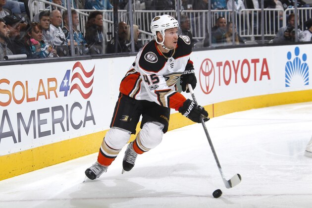SAN JOSE, CA - NOVEMBER 04: Sami Vatanen #45 of the Anaheim Ducks skates with the puck against the San Jose Sharks at SAP Center on November 4, 2017 in San Jose, California. (Photo by Rocky W. Widner/NHL/Getty Images)