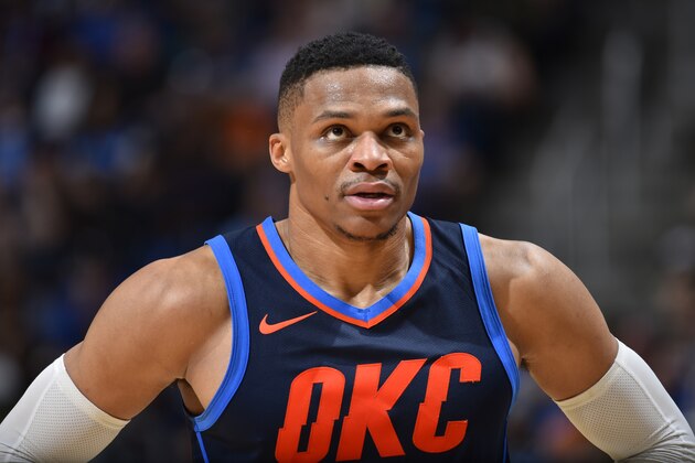 ORLANDO, FL - NOVEMBER 29: Russell Westbrook #0 of the Oklahoma City Thunder during the game against the Orlando Magic on November 29, 2017 at Amway Center in Orlando, Florida. NOTE TO USER: User expressly acknowledges and agrees that, by downloading and/or using this photograph, user is consenting to the terms and conditions of the Getty Images License Agreement. Mandatory Copyright Notice: Copyright 2017 NBAE (Photo by Fernando Medina/NBAE via Getty Images)