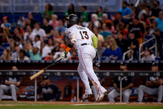 MIAMI, FL - OCTOBER 01: Marcell Ozuna #13 of the Miami Marlins at bat during the game against the Atlanta Braves at Marlins Park on October 1, 2017 in Miami, Florida. (Photo by Rob Foldy/Miami Marlins via Getty Images)