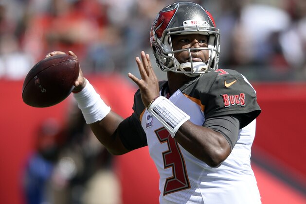 FILE - In this Sunday, Oct. 29, 2017, file photo, Tampa Bay Buccaneers quarterback Jameis Winston throws a pass during the second quarter of an NFL football game in Tampa, Fla. Winston is throwing early in a week for the first time since injuring his right shoulder, and the Buccaneers hope that will be beneficial against the New Orleans Saints. (AP Photo/Jason Behnken, File)
