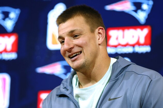 New England Patriots tight end Rob Gronkowski speaks to the media following an NFL football game against the Miami Dolphins, Sunday, Nov. 26, 2017, in Foxborough, Mass. (AP Photo/Michael Dwyer)