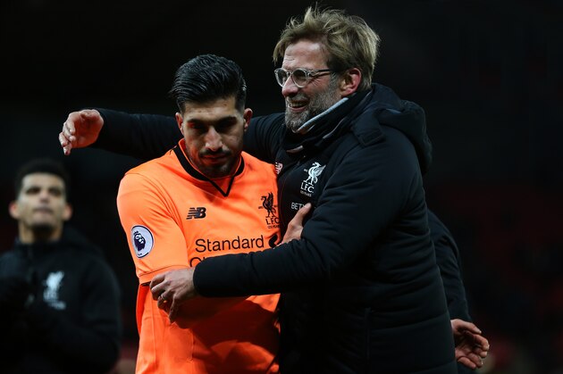 STOKE ON TRENT, ENGLAND - NOVEMBER 29: Jurgen Klopp the head coach / manager of Liverpool embraces Emre Can of Liverpool at full time after the Premier League match between Stoke City and Liverpool at Bet365 Stadium on November 29, 2017 in Stoke on Trent, England. (Photo by James Baylis - AMA/Getty Images)