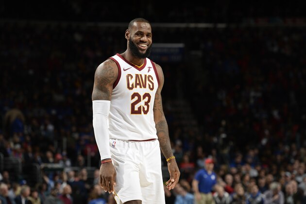 PHILADELPHIA,PA -  NOVEMBER 27:  A close up shot of LeBron James #23 of the Cleveland Cavaliers smiling during the game against the Philadelphia 76ers on November 27, 2017 in Philadelphia, Pennsylvania. NOTE TO USER: User expressly acknowledges and agrees that, by downloading and/or using this Photograph, user is consenting to the terms and conditions of the Getty Images License Agreement. Mandatory Copyright Notice: Copyright 2017 NBAE (Photo by David Dow/NBAE via Getty Images)
