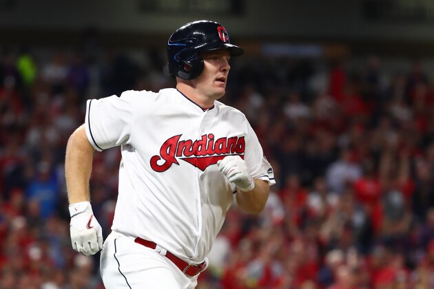 CLEVELAND, OH - OCTOBER 05:  Jay Bruce #32 of the Cleveland Indians hits a two-run home run during the fourth inning against the New York Yankees during game one of the American League Division Series at Progressive Field on October 5, 2017 in Cleveland, Ohio.  (Photo by Gregory Shamus/Getty Images)