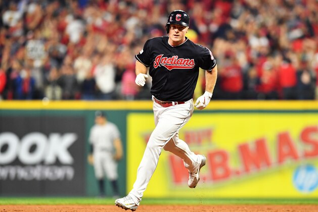 CLEVELAND, OH - OCTOBER 06:  Jay Bruce #32 of the Cleveland Indians runs the bases after hitting a solo home run in the eighth inning against the New York Yankees during game two of the American League Division Series at Progressive Field on October 6, 2017 in Cleveland, Ohio.  (Photo by Jason Miller/Getty Images)