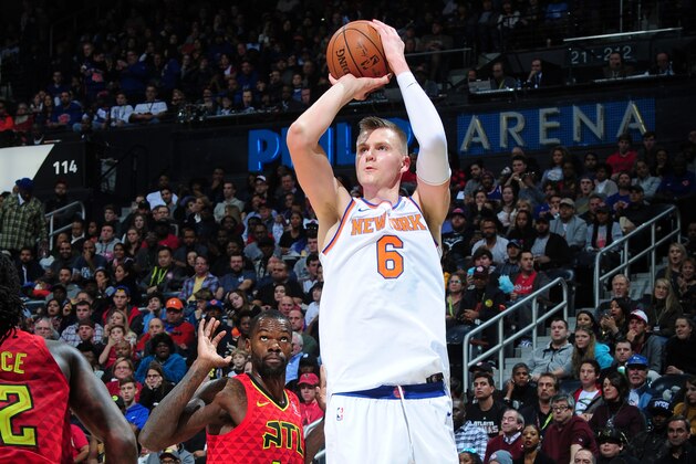 ATLANTA, GA - NOVEMBER 24: Kristaps Porzingis #6 of the New York Knicks shoots the ball against the Atlanta Hawks on November 24, 2017 at Philips Arena in Atlanta, Georgia. NOTE TO USER: User expressly acknowledges and agrees that, by downloading and/or using this photograph, user is consenting to the terms and conditions of the Getty Images License Agreement. Mandatory Copyright Notice: Copyright 2017 NBAE (Photo by Scott Cunningham/NBAE via Getty Images)