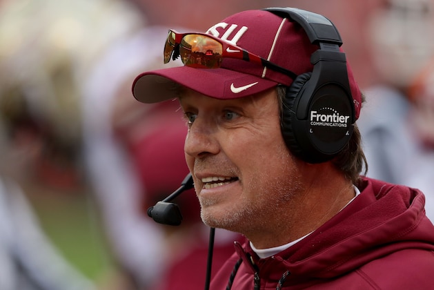 CLEMSON, SC - NOVEMBER 11:  Head coach Jimbo Fisher of the Florida State Seminoles reacts on the sidelines during their game against the Clemson Tigers at Memorial Stadium on November 11, 2017 in Clemson, South Carolina.  (Photo by Streeter Lecka/Getty Images)