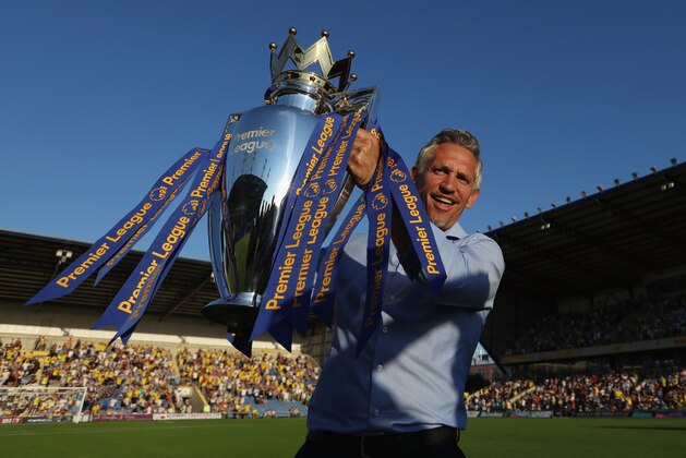 OXFORD, ENGLAND - JULY 19: Gary Lineker poses for a picture with the Premier League Trophy prior to the pre-season friendly between Oxford City and Leicester City at Kassam Stadium on July 19, 2016 in Oxford, England. (Photo by Steve Bardens/Getty Images)