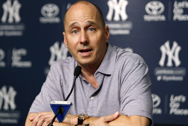 New York Yankees general manager Brian Cashman speaks during a news conference in which he addressed the team's trades and acquisitions in New York, Monday, July 31, 2017. (AP Photo/Kathy Willens)