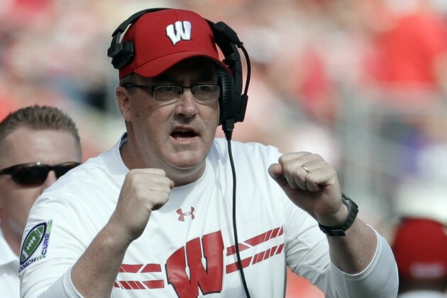 FILE - In this Sept. 30, 2017, file photo, Wisconsin head coach Paul Chryst reacts after a touchdown during the first half of an NCAA college football game against Northwestern in Madison, Wis. The Badgers are already in control of the Big Ten West as the only unbeaten team left in the division. (AP Photo/Morry Gash, File) FILE - In this Sept. 30, 2017, file photo, Wisconsin head coach Paul Chryst reacts after a touchdown during the first half of an NCAA college football game against Northwestern in Madison, Wis. The Badgers are already in control of the Big Ten West as the only unbeaten team left in the division. (AP Photo/Morry Gash, File)