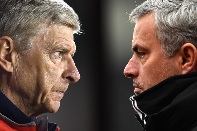FILE PHOTO (EDITORS NOTE: COMPOSITE OF TWO IMAGES - Image numbers (L) 609115656 and 632284824) In this composite image a comparision has been made between Arsene Wenger, Manager of Arsenal (L) and  Jose Mourinho, Manager of Manchester United.  Arsenal and Manchester United meet in a Premier League match at the Emirates Stadium on December 2, 2017 in London,England.   ***LEFT IMAGE*** NOTTINGHAM, ENGLAND - SEPTEMBER 20: Arsene Wenger, Manager of Arsenal looks on during the EFL Cup Third Round match between Nottingham Forest and Arsenal at City Ground on September 20, 2016 in Nottingham, England. (Photo by Laurence Griffiths/Getty Images) ***RIGHT IMAGE*** STOKE ON TRENT, ENGLAND - JANUARY 21: Jose Mourinho, Manager of Manchester United looks on during the Premier League match between Stoke City and Manchester United at Bet365 Stadium on January 21, 2017 in Stoke on Trent, England. (Photo by Laurence Griffiths/Getty Images)