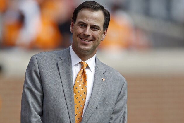 Tennessee athletic director, John Currie, is seen before an NCAA college football game Saturday, Oct. 14, 2017, in Knoxville, Tenn. (AP Photo/Wade Payne)