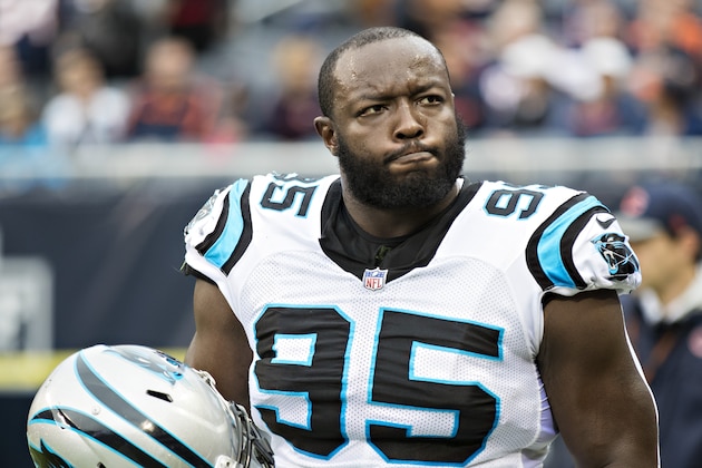 CHICAGO, IL - OCTOBER 22:  Charles Johnson #95 of the Carolina Panthers warming up before a game against the Chicago Bears at Soldier Field on October 22, 2017 in Chicago, Illinois.  The Bears defeated the Panthers 17-3.  (Photo by Wesley Hitt/Getty Images)