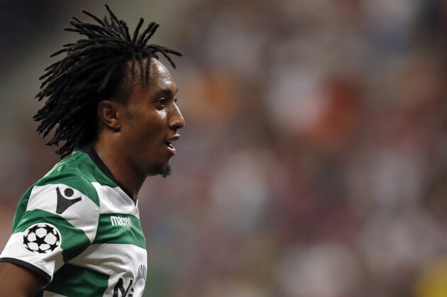 Sporting's Gelson Martins celebrates after scoring his goal during the Champions League soccer match between FC Steaua Bucharest and Sporting CP at the National Arena, in Bucharest, Romania, Wednesday, Aug. 23, 2017. (AP Photo/Vadim Ghirda)