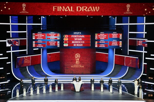 Group B is displayed during the 2018 soccer World Cup draw in the Kremlin in Moscow, Friday, Dec. 1, 2017. (AP Photo/Ivan Sekretarev)
