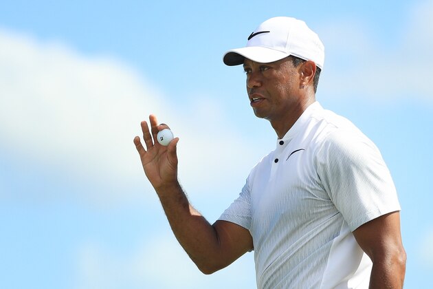 NASSAU, BAHAMAS - DECEMBER 01:  Tiger Woods of the United States reacts to his birdie on the third green during the second round of the Hero World Challenge at Albany, Bahamas on December 1, 2017 in Nassau, Bahamas.  (Photo by Mike Ehrmann/Getty Images)