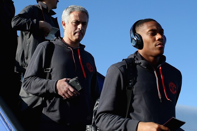 STOCKHOLM, SWEDEN - MAY 23:  In this handout image provided by UEFA, Jose Mourinho, Manager of Manchester United and Anthony Martial of Manchester United arrive ahead of the UEFA Europa League Final between Ajax and Manchester United at Stockholm Arlanda Airport on May 23, 2017 in Stockholm, Sweden.  (Photo by Handout/UEFA via Getty Images)