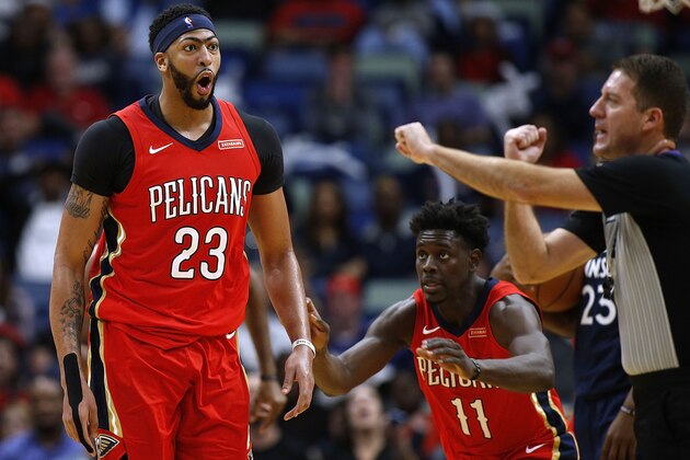 NEW ORLEANS, LA - NOVEMBER 29:  Anthony Davis #23 of the New Orleans Pelicans reacts after being ejected after his second technical foul during the first half of a game against the Minnesota Timberwolves at the Smoothie King Center on November 29, 2017 in New Orleans, Louisiana. NOTE TO USER: User expressly acknowledges and agrees that, by downloading and or using this Photograph, user is consenting to the terms and conditions of the Getty Images License Agreement.  (Photo by Jonathan Bachman/Getty Images)