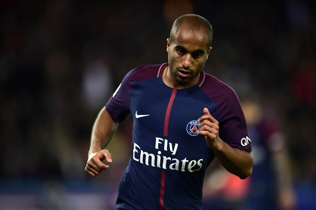 Paris Saint-Germain's Brazilian midifelder Lucas runs during the French L1 football match between Paris Saint-Germain (PSG) and Nice (OGC Nice) on October 27, 2017, at the Parc des Princes stadium in Paris. / AFP PHOTO / Martin BUREAU        (Photo credit should read MARTIN BUREAU/AFP/Getty Images)
