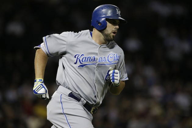 Kansas City Royals' Mike Moustakas rounds the bases after hitting a solo home run against the Chicago White Sox during the fourth inning of a baseball game Friday, Aug. 11, 2017, in Chicago. (AP Photo/Nam Y. Huh)