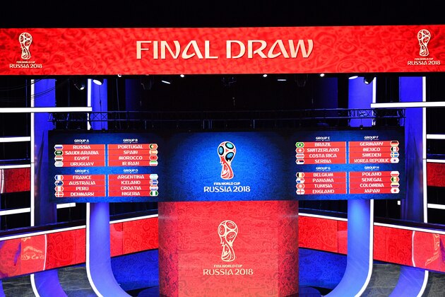 Screens display the groups during the Final Draw for the 2018 FIFA World Cup football tournament at the State Kremlin Palace in Moscow on December 1, 2017.
The 2018 FIFA World Cup will be held from June 14 and July 15, 2018, in 11 Russian cities. / AFP PHOTO / Mladen ANTONOV        (Photo credit should read MLADEN ANTONOV/AFP/Getty Images)