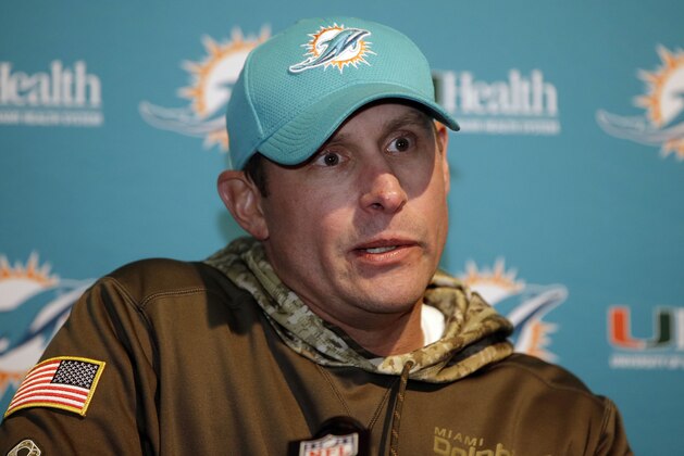 Miami Dolphins head coach Adam Gase speaks to the media following an NFL football game against the New England Patriots, Sunday, Nov. 26, 2017, in Foxborough, Mass. (AP Photo/Steven Senne)