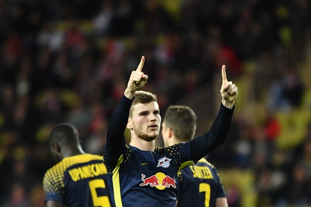 Leipzig's German forward Timo Werner (C) celebrates after scoring a goal during the UEFA Champions League group G football match between Monaco and Leipzig at the Louis II stadium, in Monaco, on November 21, 2017. / AFP PHOTO / Bertrand LANGLOIS        (Photo credit should read BERTRAND LANGLOIS/AFP/Getty Images)