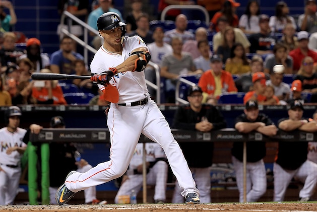 MIAMI, FL - SEPTEMBER 30: Giancarlo Stanton #27 of the Miami Marlins hits during a game against the Atlanta Braves at Marlins Park on September 30, 2017 in Miami, Florida.  (Photo by Mike Ehrmann/Getty Images)