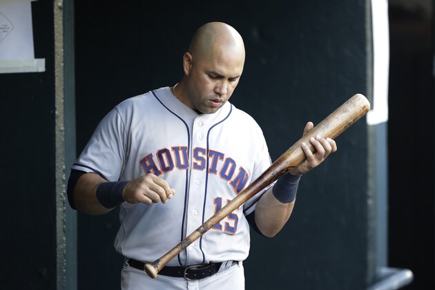 Houston Astros designated hitter Carlos Beltran checks his bat during the fifth inning of a baseball game against the Detroit Tigers, Saturday, July 29, 2017, in Detroit. (AP Photo/Carlos Osorio)