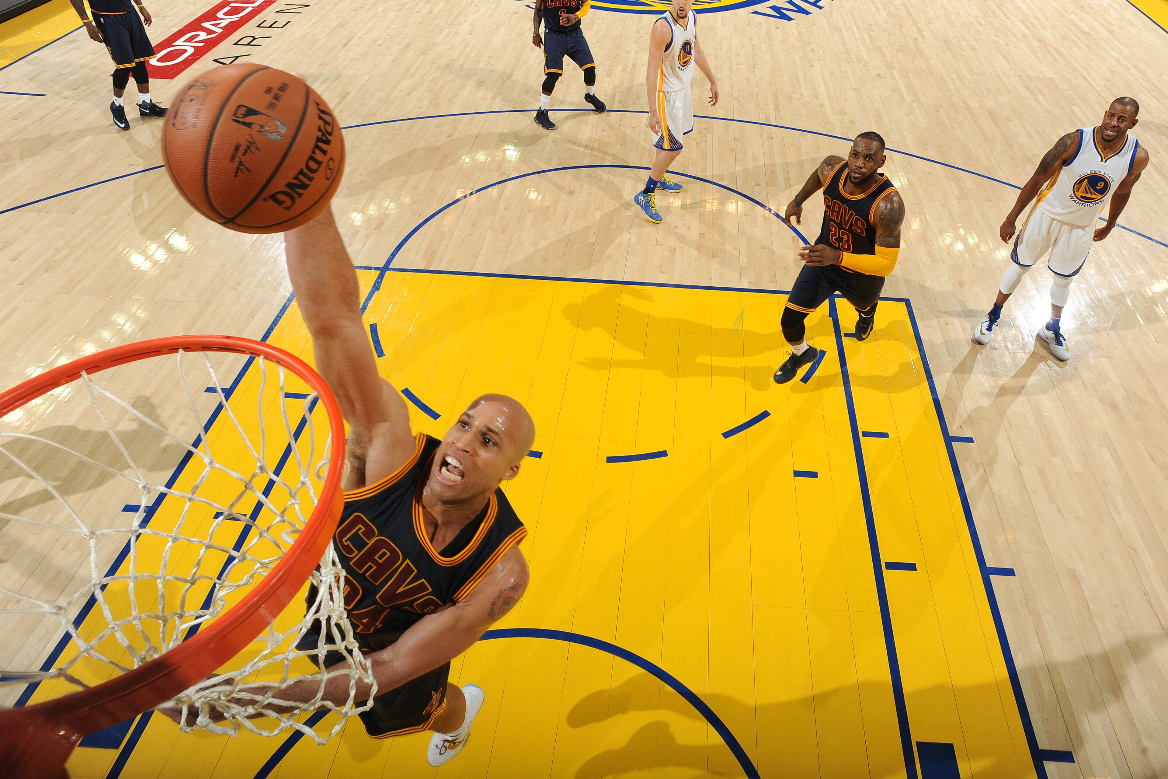 OAKLAND, CA - JUNE 5: Richard Jefferson #24 of the Cleveland Cavaliers goes up for a dunk against the Golden State Warriors in Game Two of the 2016 NBA Finals on June 5, 2016 at ORACLE Arena in Oakland, California. NOTE TO USER: User expressly acknowledges and agrees that, by downloading and/or using this Photograph, user is consenting to the terms and conditions of the Getty Images License Agreement. Mandatory Copyright Notice: Copyright 2016 NBAE (Photo by Andrew D. Bernstein/NBAE via Getty Images) OAKLAND, CA - JUNE 5: Richard Jefferson #24 of the Cleveland Cavaliers goes up for a dunk against the Golden State Warriors in Game Two of the 2016 NBA Finals on June 5, 2016 at ORACLE Arena in Oakland, California. NOTE TO USER: User expressly acknowledges and agrees that, by downloading and/or using this Photograph, user is consenting to the terms and conditions of the Getty Images License Agreement. Mandatory Copyright Notice: Copyright 2016 NBAE (Photo by Andrew D. Bernstein/NBAE via Getty Images)