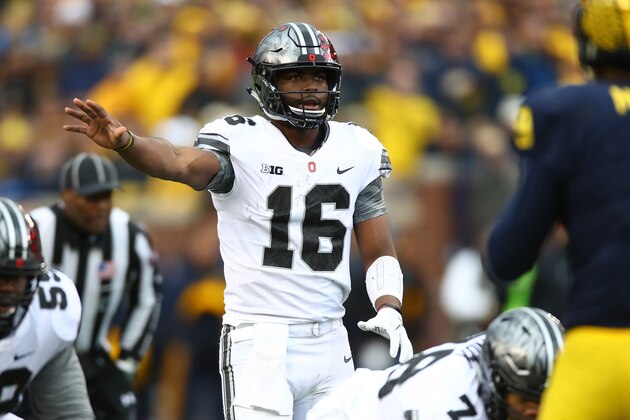 ANN ARBOR, MI - NOVEMBER 25: J.T. Barrett #16 of the Ohio State Buckeyes calls a play first half against the Michigan Wolverines on November 25, 2017 at Michigan Stadium in Ann Arbor, Michigan. (Photo by Gregory Shamus/Getty Images)
