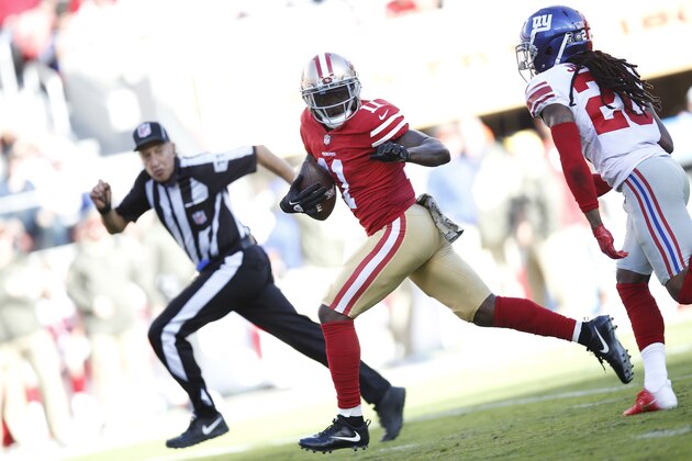 SANTA CLARA, CA - NOVEMBER 12: Marquise Goodwin #11 of the San Francisco 49ers makes a reception and takes it 83-yards for a touchdown during the game against the New York Giants at Levi's Stadium on November 12, 2017 in Santa Clara, California. The 49ers defeated the Giants 31-21. (Photo by Michael Zagaris/San Francisco 49ers/Getty Images)