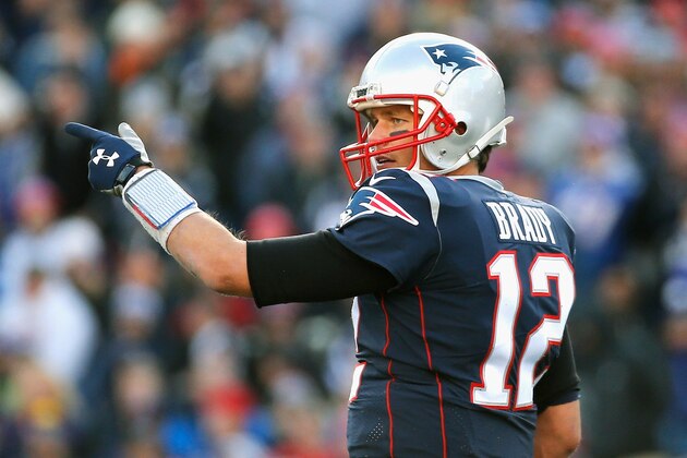 FOXBORO, MA - NOVEMBER 26:  Tom Brady #12 of the New England Patriots reacts during the second quarter of a game against the Miami Dolphins at Gillette Stadium on November 26, 2017 in Foxboro, Massachusetts.  (Photo by Jim Rogash/Getty Images)