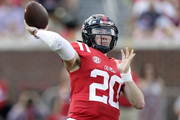 Mississippi quarterback Shea Patterson (20) passes against Vanderbilt in the first half of an NCAA college football game in Oxford, Miss., Saturday, Oct. 14, 2017. (AP Photo/Rogelio V. Solis)