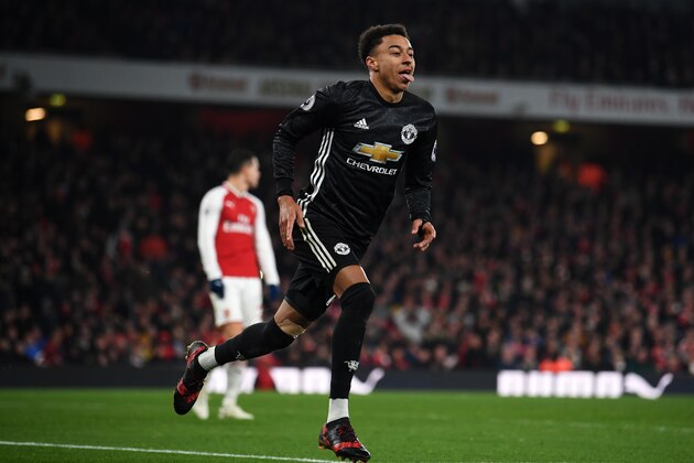 LONDON, ENGLAND - DECEMBER 02:  Jesse Lingard of Manchester United celebrates after scoring his sides third goal during the Premier League match between Arsenal and Manchester United at Emirates Stadium on December 2, 2017 in London, England.  (Photo by Laurence Griffiths/Getty Images)