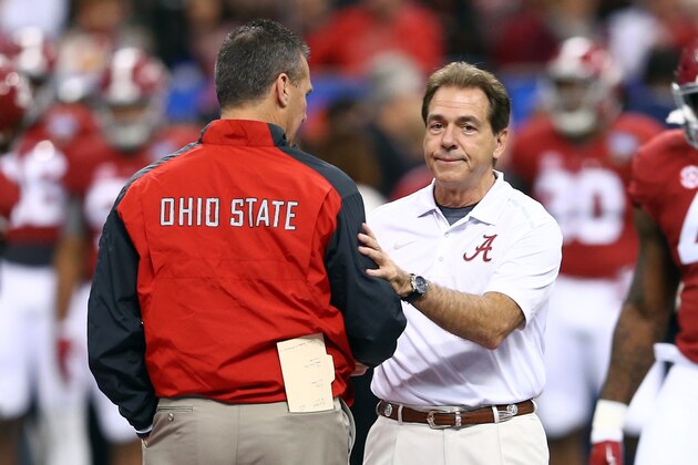 NEW ORLEANS, LA - JANUARY 01:  (L-R) Head coach Urban Meyer of the Ohio State Buckeyes shakes hands with head coach Nick Saban of the Alabama Crimson Tide prior to the All State Sugar Bowl at the Mercedes-Benz Superdome on January 1, 2015 in New Orleans, Louisiana.  (Photo by Streeter Lecka/Getty Images)
