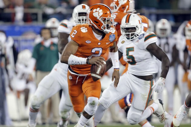 Clemson's Kelly Bryant (2) scrambles against Miami during the first half of the Atlantic Coast Conference championship NCAA college football game in Charlotte, N.C., Saturday, Dec. 2, 2017. (AP Photo/Bob Leverone)