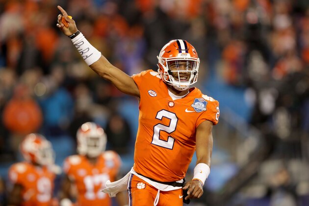 CHARLOTTE, NC - DECEMBER 02:  Kelly Bryant #2 of the Clemson Tigers reacts after a touchdown against the Miami Hurricanes in the third quarter during the ACC Football Championship at Bank of America Stadium on December 2, 2017 in Charlotte, North Carolina.  (Photo by Streeter Lecka/Getty Images)